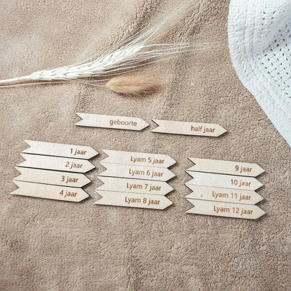 Gepersonaliseerde groeipijltjes voor houten groeimeters in een set van 14 stuks.