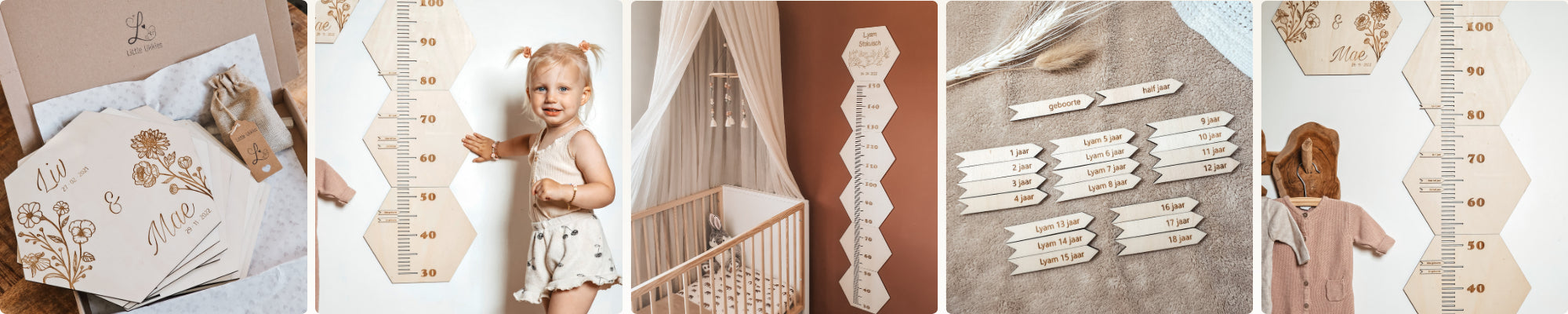Collage van gepersonaliseerde houten groeimeters en groeipijltjes met naam.