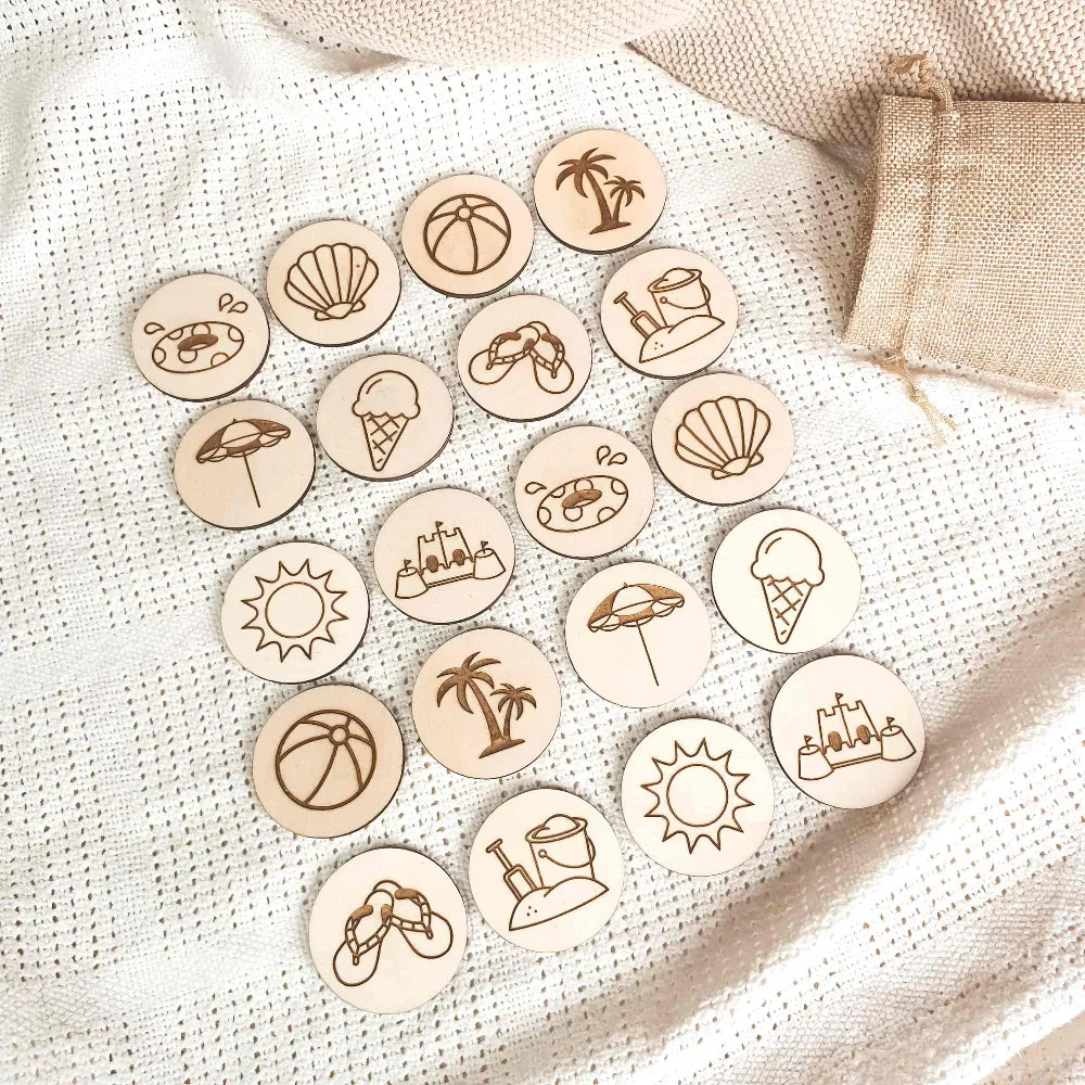 houten memory spel met het thema zomer, inclusief juten bewaar zakje.