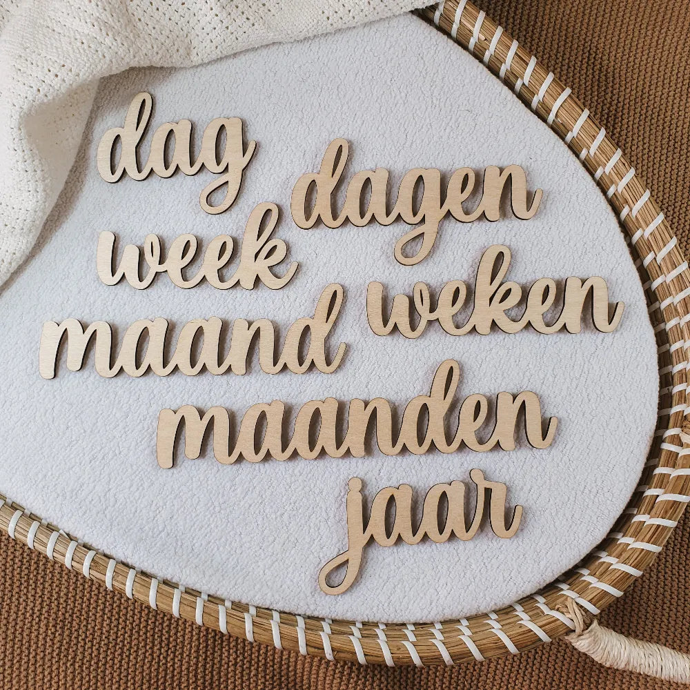 De woorden van de set houten mijlpaalbordjes voor tijdens de zwangerschap en het eerste babyjaar.