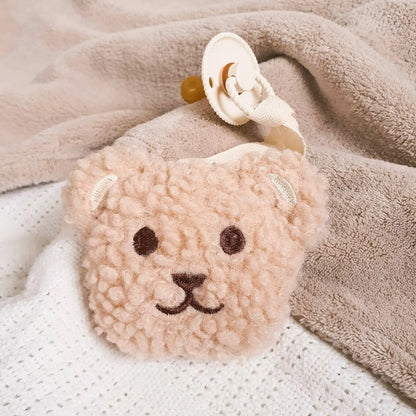 Crème beige teddybeer speenknuffel met pluchen berenkop voor fopspeen.