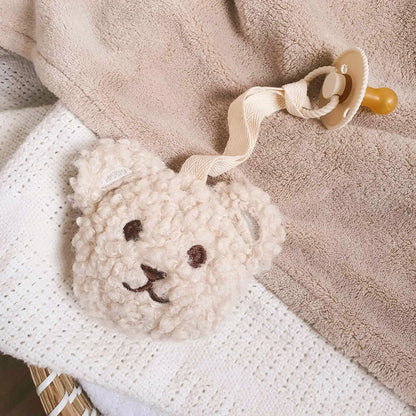 Gebroken witte ecru teddybeer speenknuffel met pluchen berenkop voor fopspeen.
