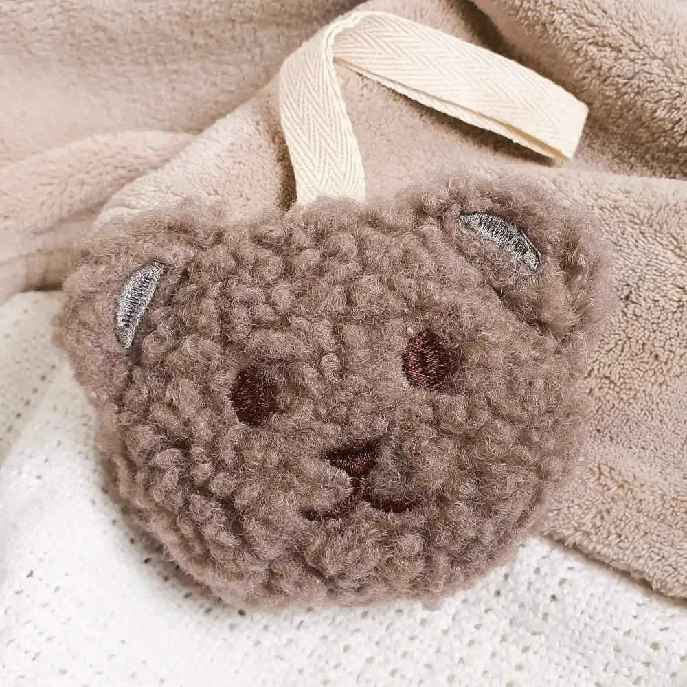 Grijze teddybeer speenknuffel met pluchen berenkop voor fopspeen.