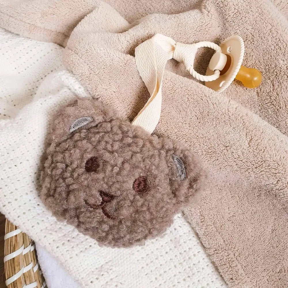 Grijze teddybeer speenknuffel met pluchen berenkop voor fopspeen.