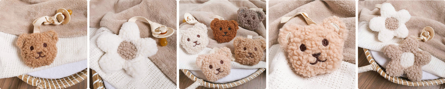 Collage van pluchen bloemen en teddybeer speenknuffels.