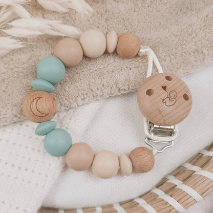 Speenkoord zonder naam met siliconen kralen in beige en blauwmet houten details.